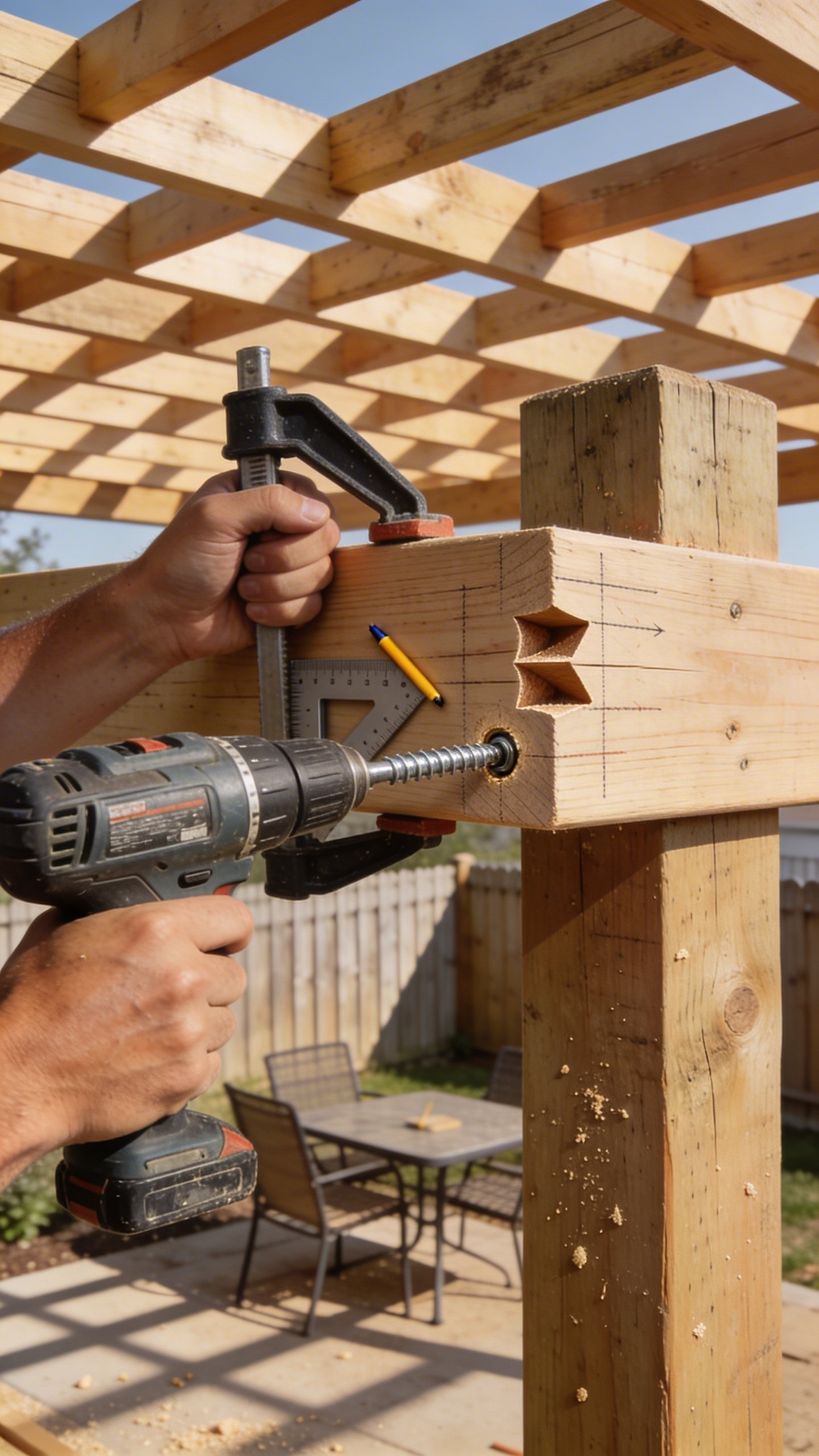 Close-up, waist-level action shot of hands assembling a pergola corner on a budget: a 2x6 beam being notched and set onto a 4x4 post, clamp holding it in place, drill driving a galvanized lag screw through a predrilled hole; carpenter’s pencil marks and speed square visible. In the background, evenly spaced 2x4 rafters already installed casting light shade stripes over a small patio set. Realistic textures of pressure-treated wood, sawdust flecks, and a simple yard fence; warm, inviting color palette. No text.