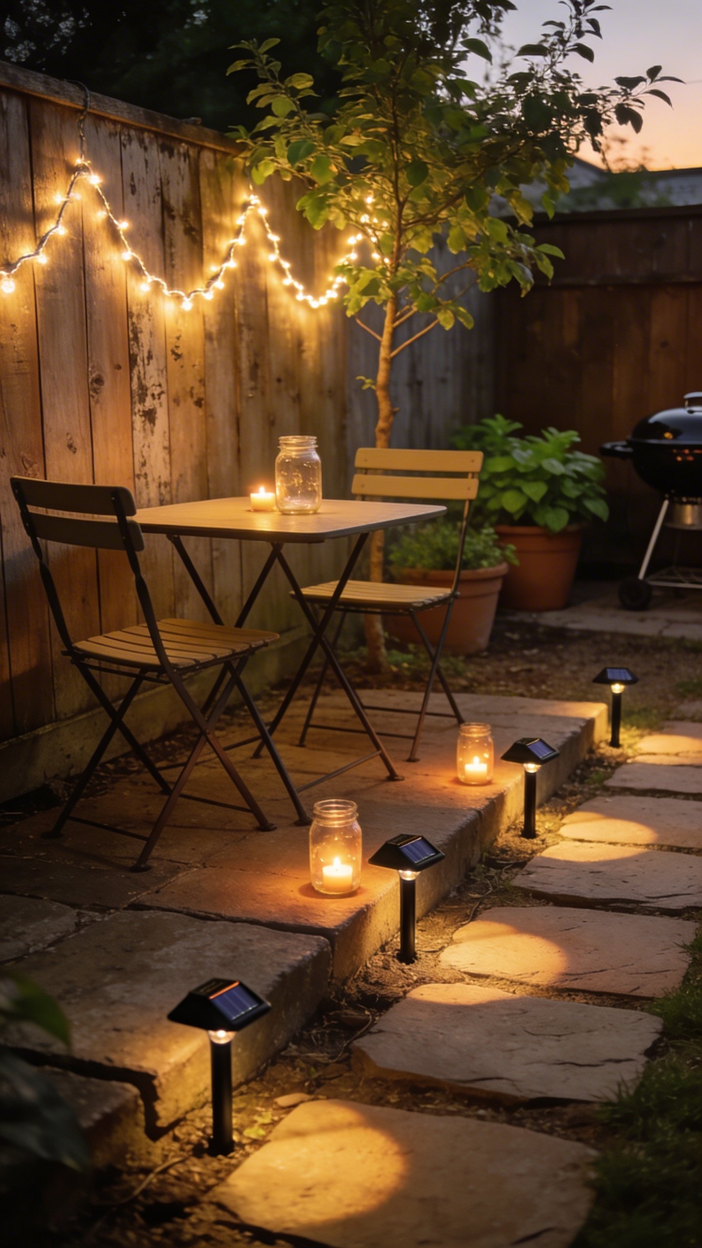 Dusk backyard scene of a small patio corner on a budget: warm white solar string lights (33–50 ft) draped in a zigzag between a wooden fence and a small tree, creating a cozy glow over a simple bistro table and two chairs; along a short stepping-stone path are 4–6 small black solar path lights casting soft pools of light; a couple of mason jars on the table and steps hold flickering tea lights; potted plants and a grill in the background; no people; warm, inviting atmosphere; realistic photography style.