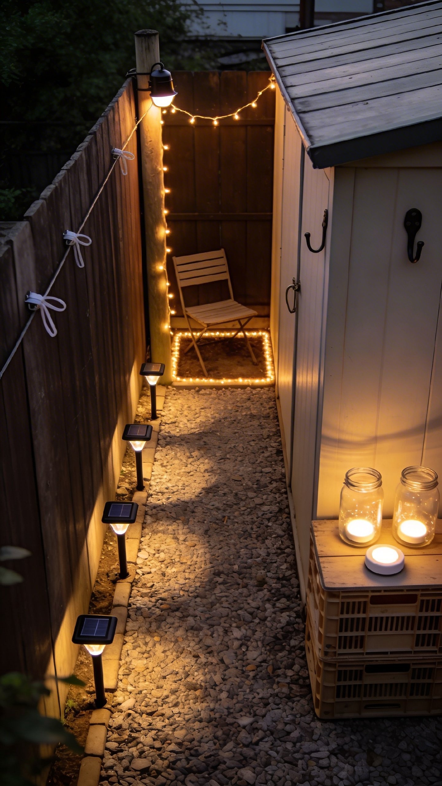 Overhead view of a compact backyard layout “plan come to life”: a narrow gravel path edged with 5 solar stake spotlights leading to a tiny seating nook; the nook is framed by a single strand of warm solar string lights attached from a shed corner to a fence post; two clear jars with LED puck lights sit on a crate side table; low-budget materials visible (zip ties on fence, simple hooks on shed); soft golden hour lighting; realistic, slightly moody evening ambiance.