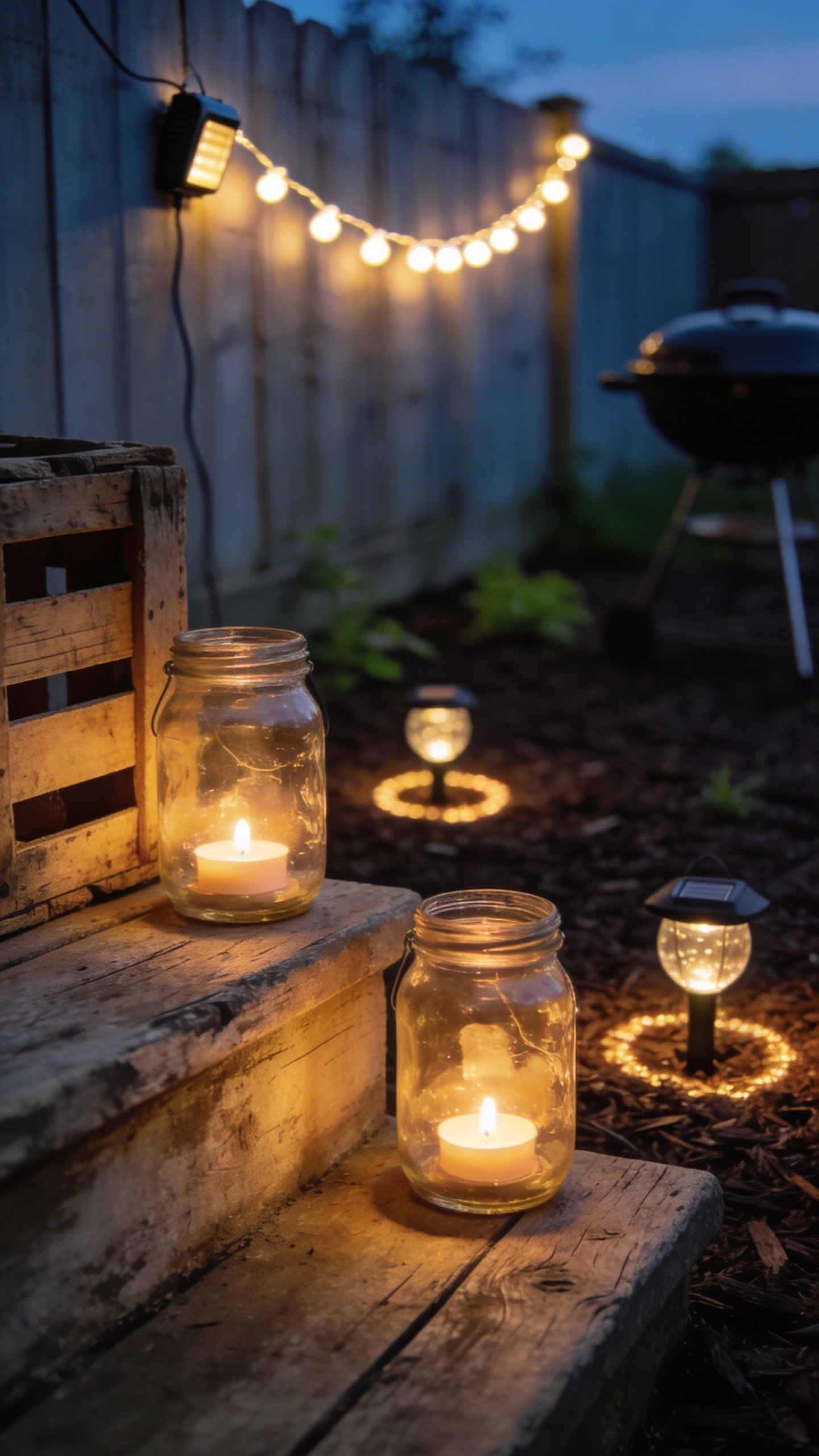 Close-up detail shot at twilight: mason jar lanterns made with tea lights placed on a wooden step and a crate, softly illuminating textured wood; in the blurred background, a fence line with one strand of warm white solar string lights and a couple of small solar path lights casting gentle circular glows on mulch; subtle greenery, simple grill silhouette off to the side; cinematic depth of field; cozy, affordable DIY vibe.