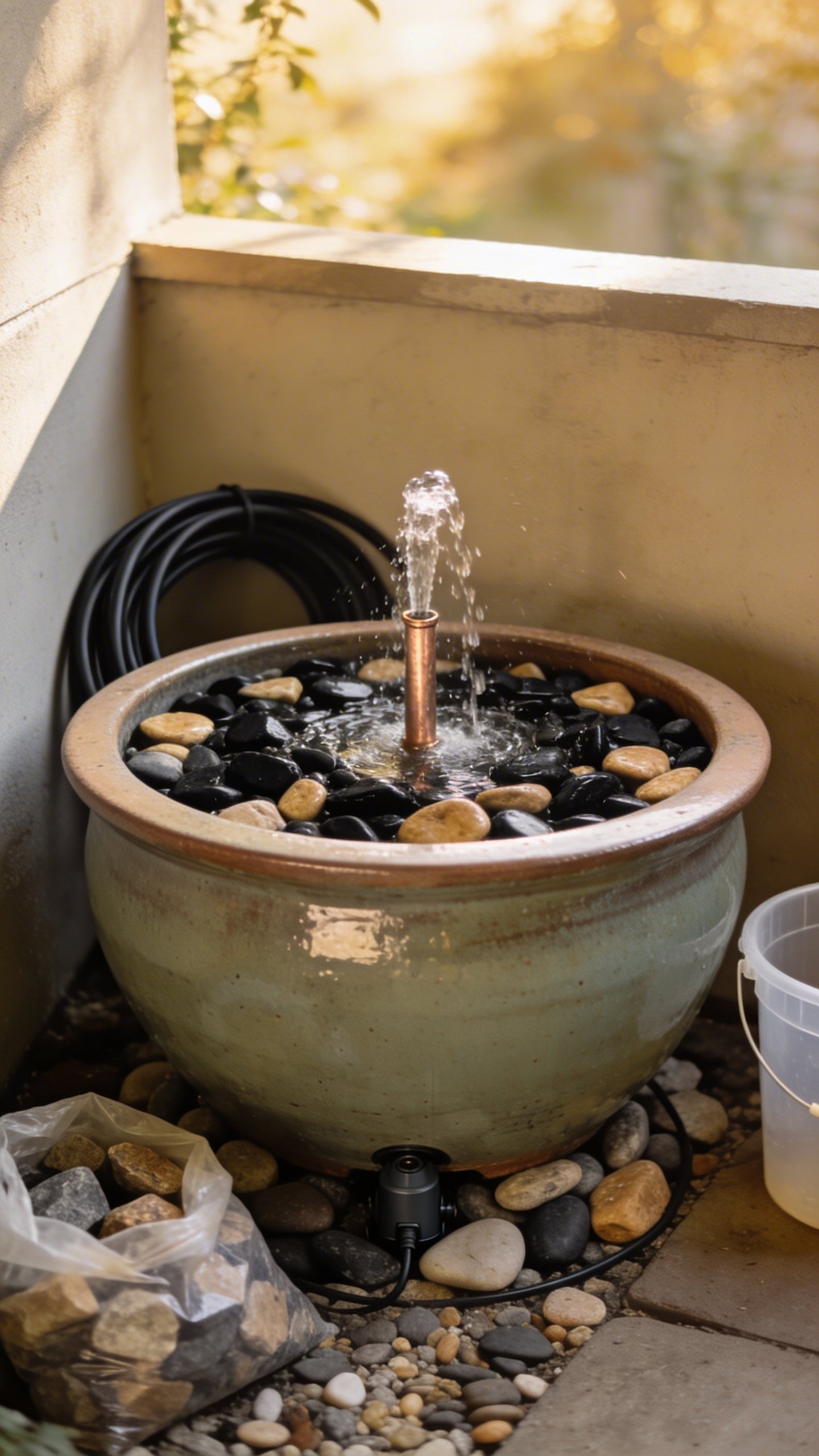 A compact DIY backyard fountain in a medium glazed ceramic pot (about 20 inches wide) on a small patio corner, with a hidden submersible pump under smooth river stones; a short copper pipe in the center gently bubbling water that trickles over mixed black and tan pebbles; simple, budget-friendly scene with a bag of rocks nearby, a coil of black tubing peeking from behind the pot, and a plastic bucket off to the side; soft morning light, shallow depth of field, calm zen vibe, no text.