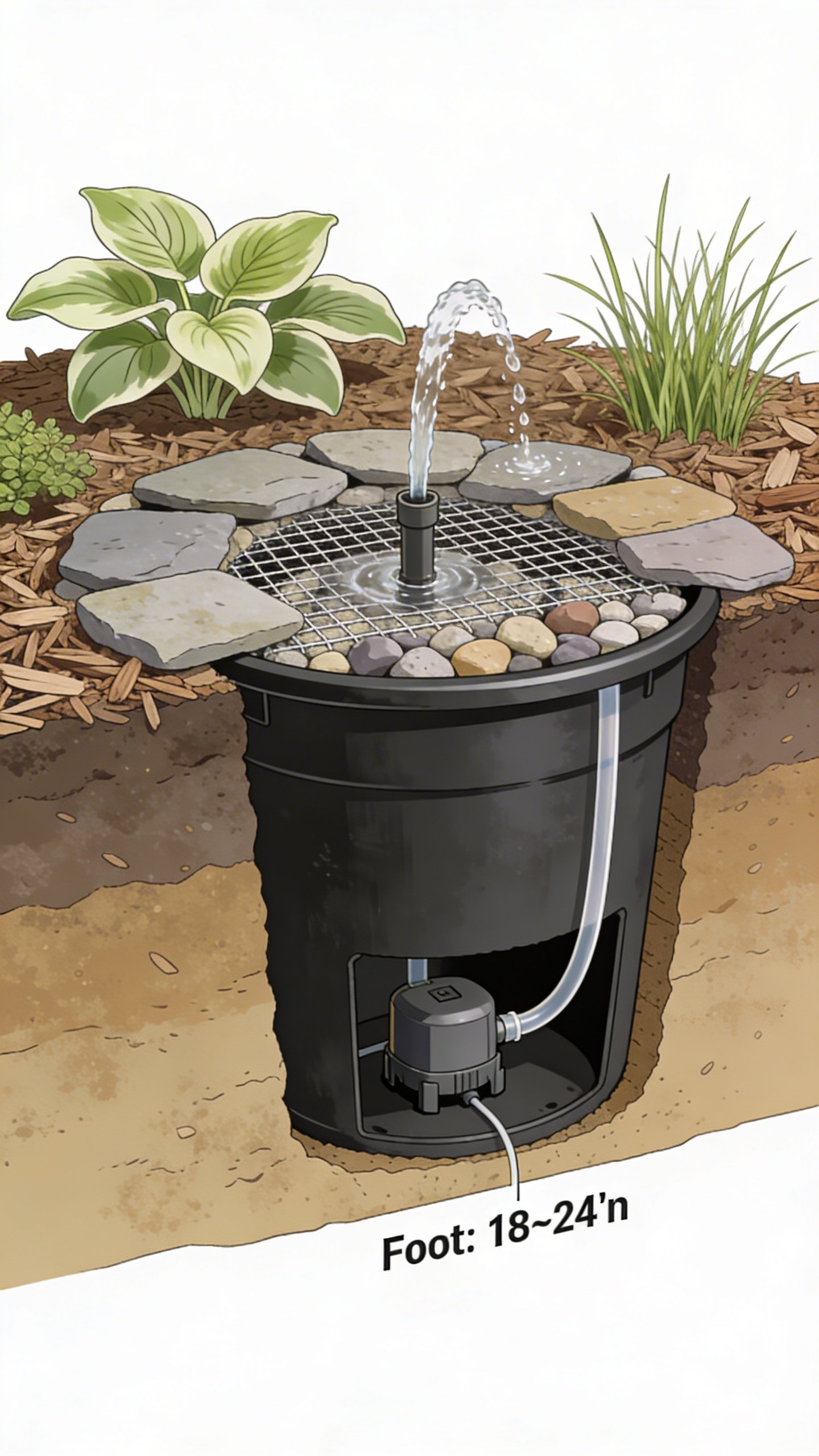 A cutaway view of a buried black plastic bucket water feature: top layer covered with flat slate stones and mixed river rock, a mesh support grid over the bucket opening, a small pump inside the bucket connected to clear tubing that feeds a short spout rising through the stone layer; water gently burbling from the spout; surrounding mulch and low-maintenance plants (hosta, dwarf grasses), showing an 18–24 inch footprint; natural daylight, clean instructional feel, no labels, no text.