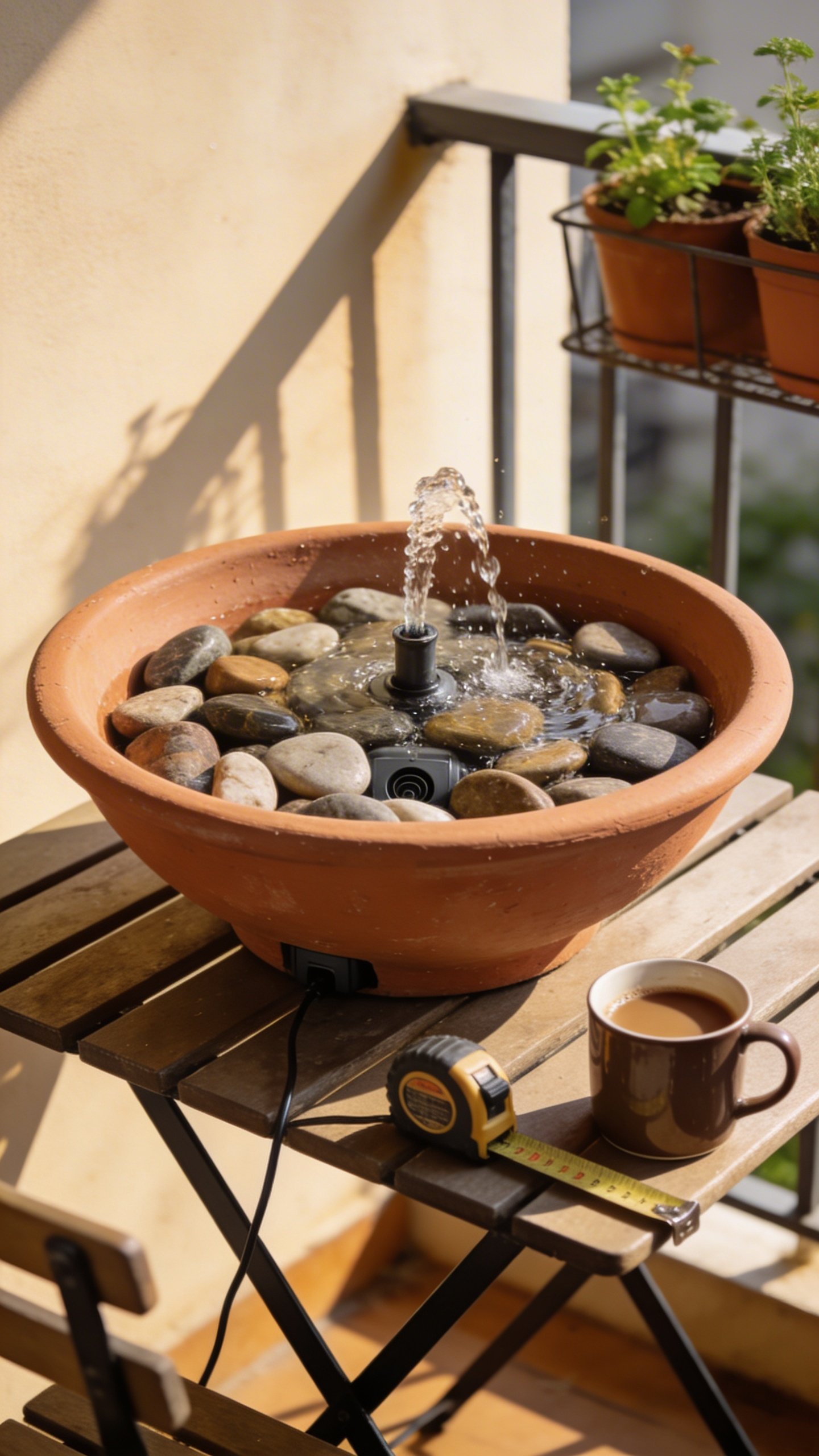 A minimalist tabletop patio setup: a wide terracotta bowl filled with polished river stones, a small discreet pump hidden beneath, water softly bubbling up through a centered nozzle and cascading over stones; placed on an outdoor bistro table with a mug of coffee and a tape measure nearby; background hints of a small balcony with potted herbs; warm afternoon light, budget-friendly DIY aesthetic, no text.